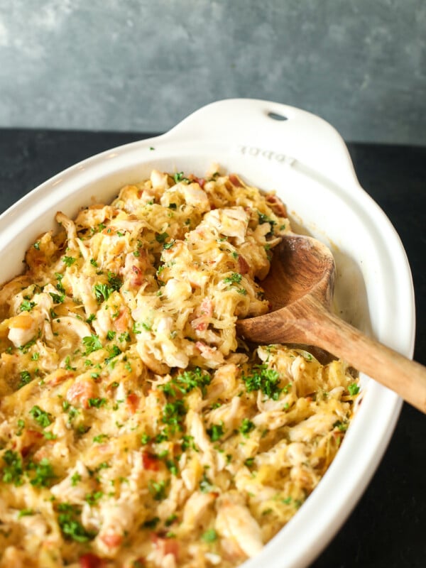 This Chicken Bacon Ranch Spaghetti Squash Casserole is Whole30 compliant, easy to make and so delicious!