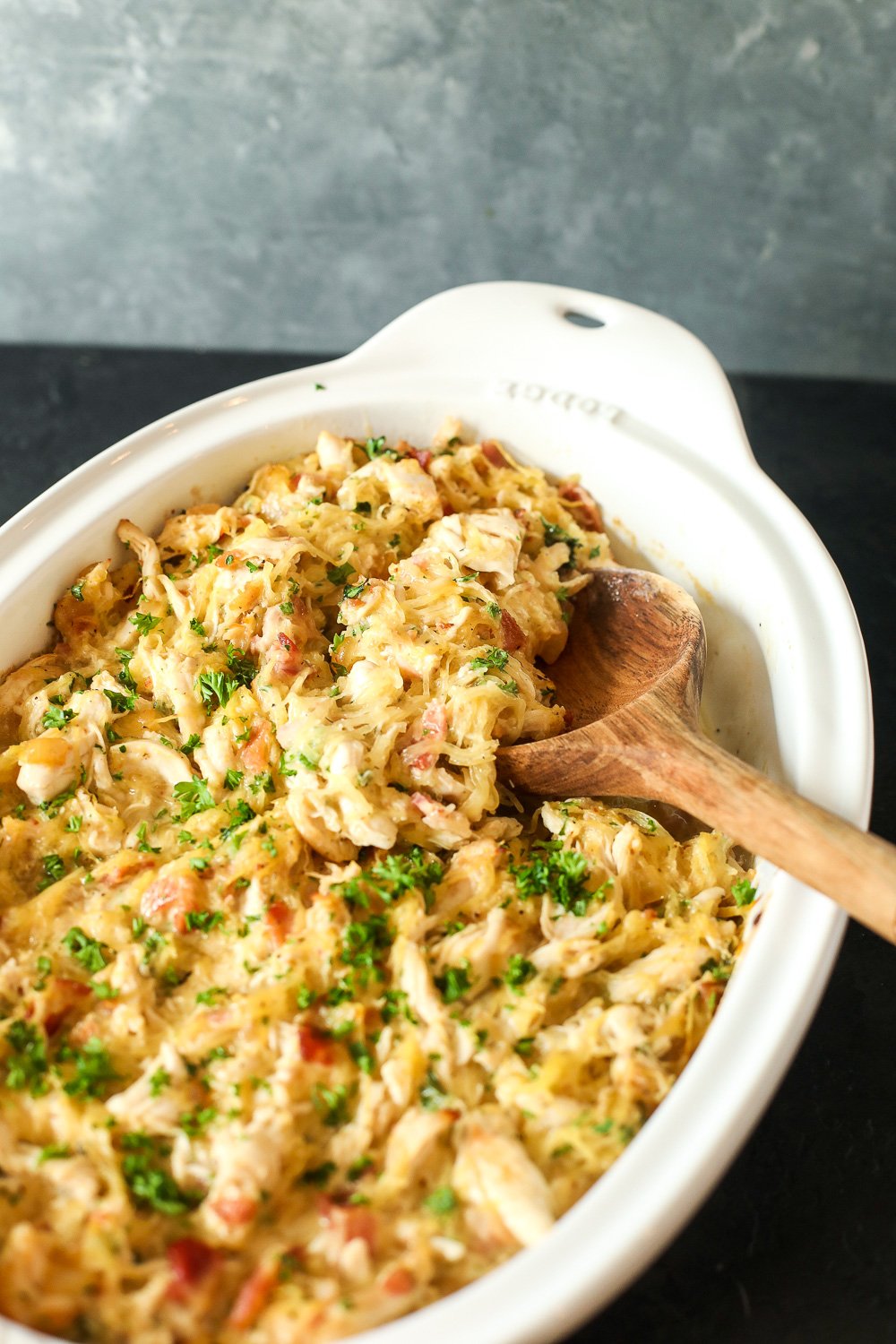 This Chicken Bacon Ranch Spaghetti Squash Casserole is Whole30 compliant, easy to make and so delicious!