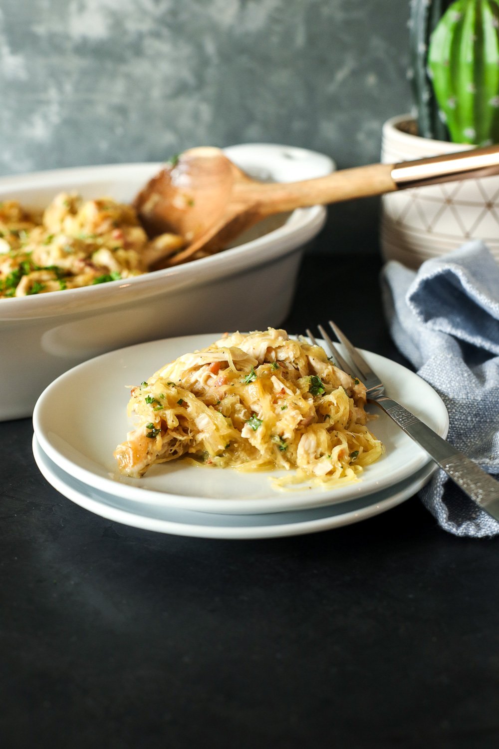 This Chicken Bacon Ranch Spaghetti Squash Casserole is Whole30 compliant, easy to make and so delicious!