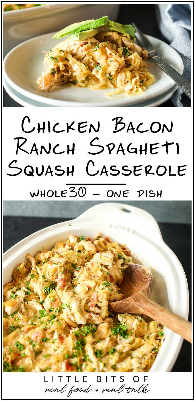 This Chicken Bacon Ranch Spaghetti Squash Casserole is Whole30 compliant, easy to make and so delicious!