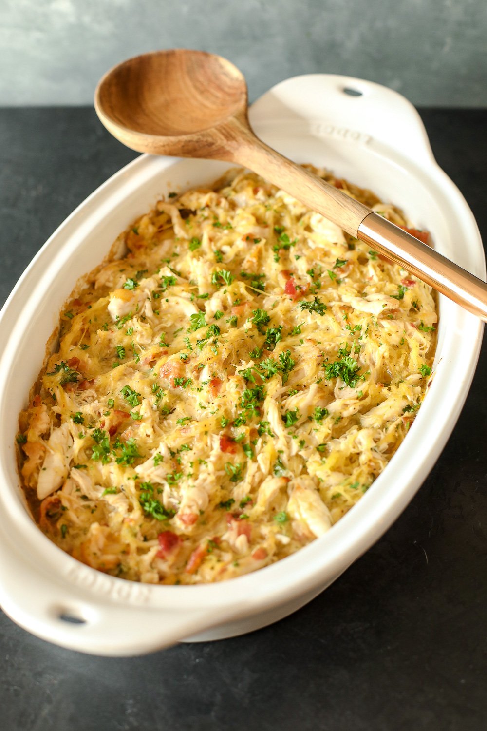 This Chicken Bacon Ranch Spaghetti Squash Casserole is Whole30 compliant, easy to make and so delicious!