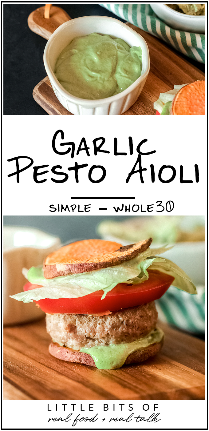 This Garlic Pesto Aioli is Whole30 compliant, simple to mix up in your blender and great on burgers, sandwiches and chicken salad!