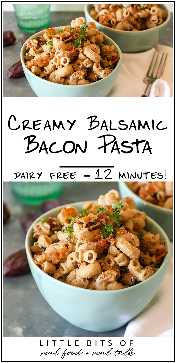 This Creamy Balsamic Bacon Pasta recipe is so easy to make, gluten free, dairy free and delicious!