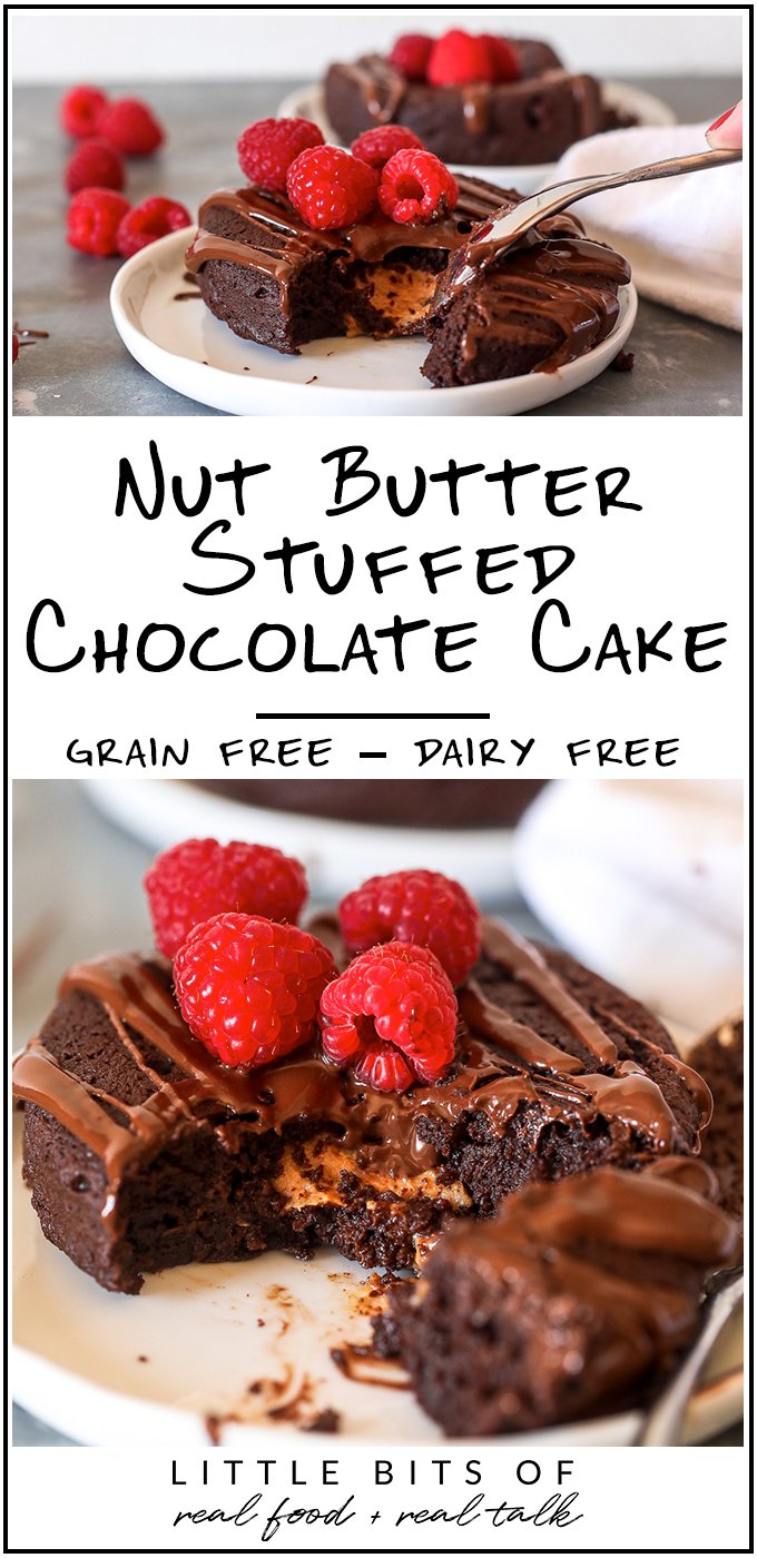 This Nut Butter Stuffed Chocolate Cake is grain free, dairy free and so decadent and delicious for valentine's day!