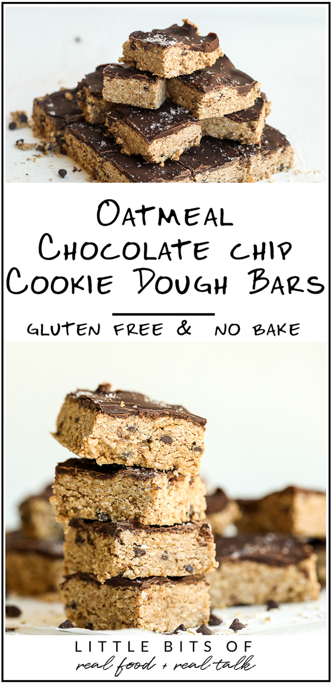 These Oatmeal Chocolate Chip Cookie Dough Bars are gluten free, dairy free, refined sugar free and no bake! They are so simple and so tasty.