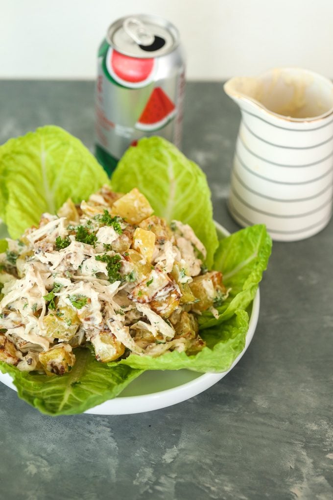 This Chicken Bacon Ranch Potato Salad is so delicious and can be served as a main dish for lunch or a side dish!