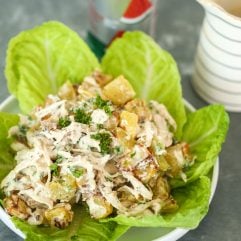This Chicken Bacon Ranch Potato Salad is so delicious and can be served as a main dish for lunch or a side dish!