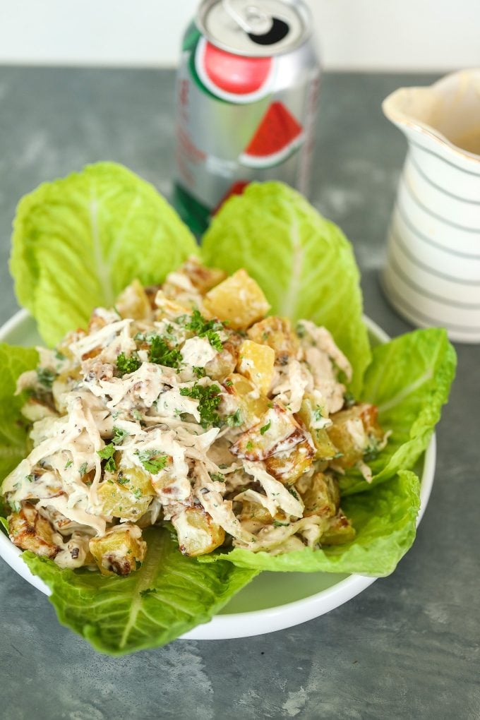 This Chicken Bacon Ranch Potato Salad is so delicious and can be served as a main dish for lunch or a side dish!
