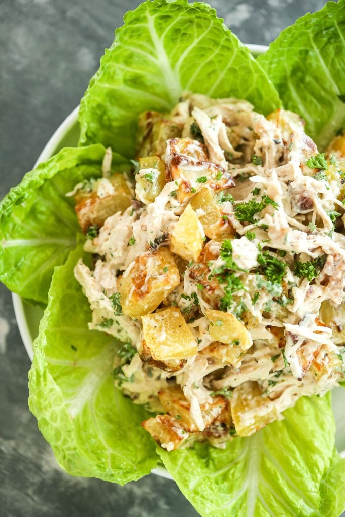 This Chicken Bacon Ranch Potato Salad is so delicious and can be served as a main dish for lunch or a side dish!