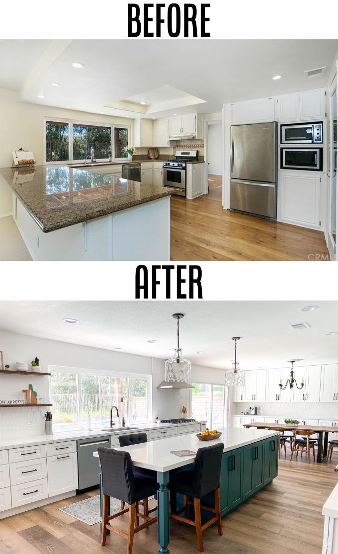 2020 Kitchen Remodel with a green island and surrounding white cabinets.