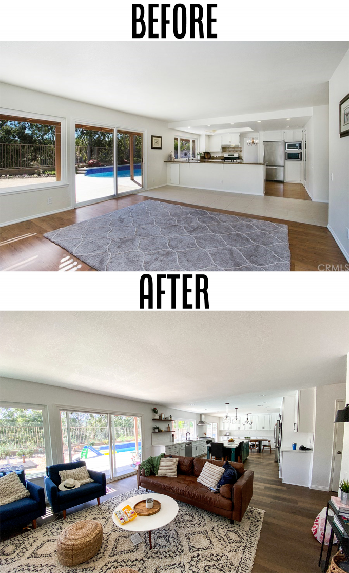 2020 Kitchen Remodel with a green island and surrounding white cabinets.