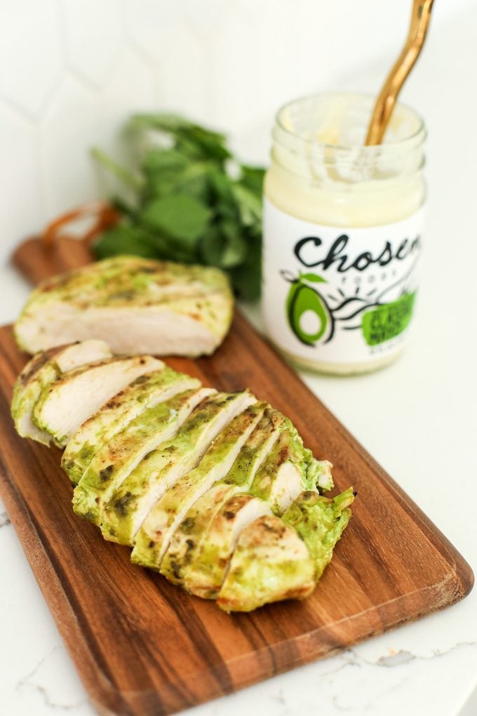 This Grilled Mayo Marinated Pesto Chicken is a simple and Whole30 recipe that ensures moist and delicious chicken!