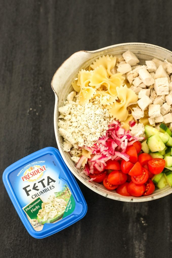This Greek Pasta Salad with Lemon Herb Tahini Dressing is so easy to make and packed with flavor!
