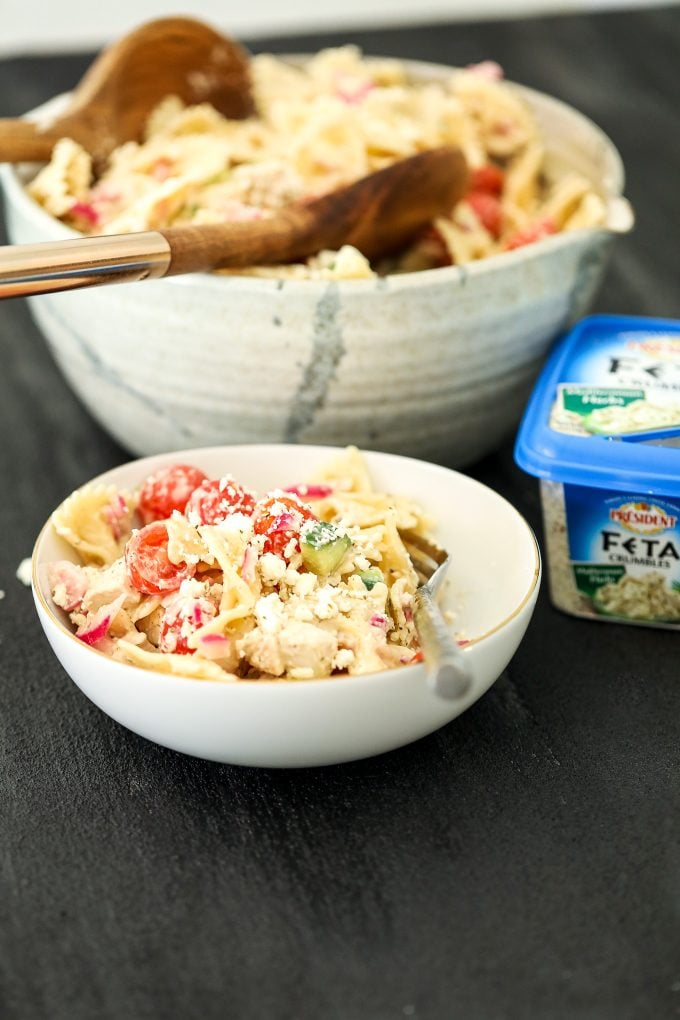 This Greek Pasta Salad with Lemon Herb Tahini Dressing is so easy to make and packed with flavor!