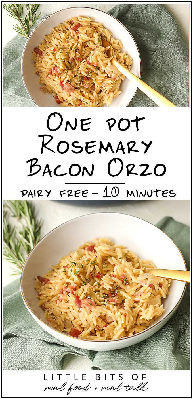 This One Pot Rosemary Bacon Orzo is dairy free and takes only 15 minutes to throw together!