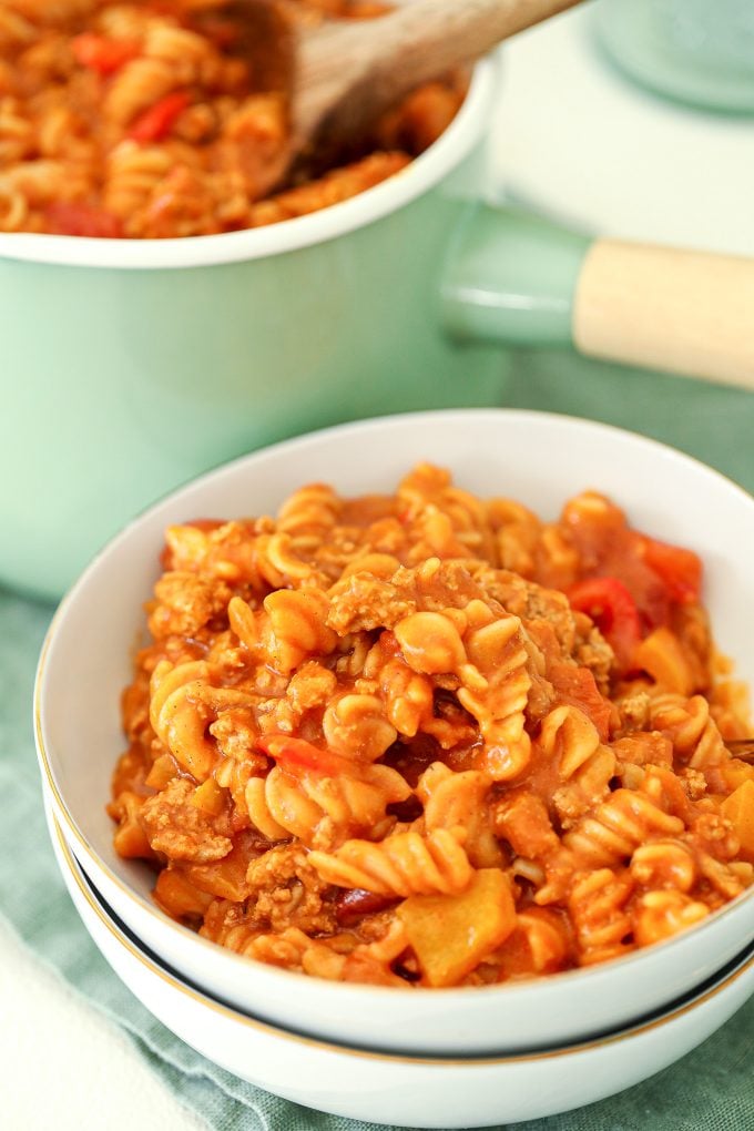 This One Pot Turkey Curry Pasta is dairy free, gluten free and comes together super quickly in one pot!