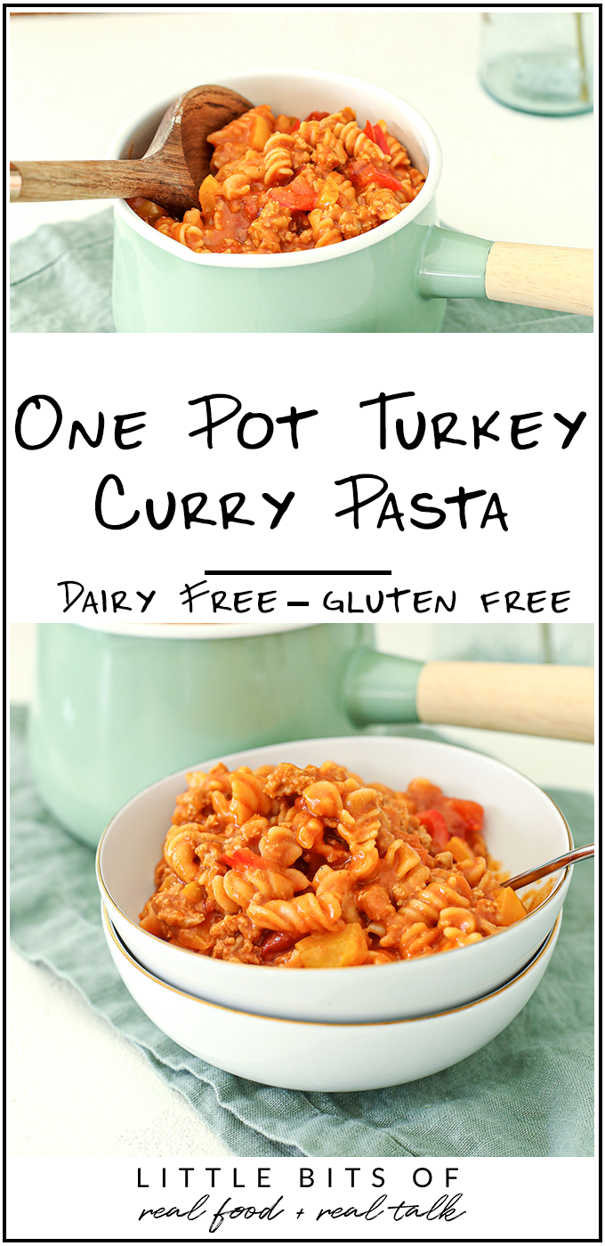 This One Pot Turkey Curry Pasta is dairy free, gluten free and comes together super quickly in one pot!