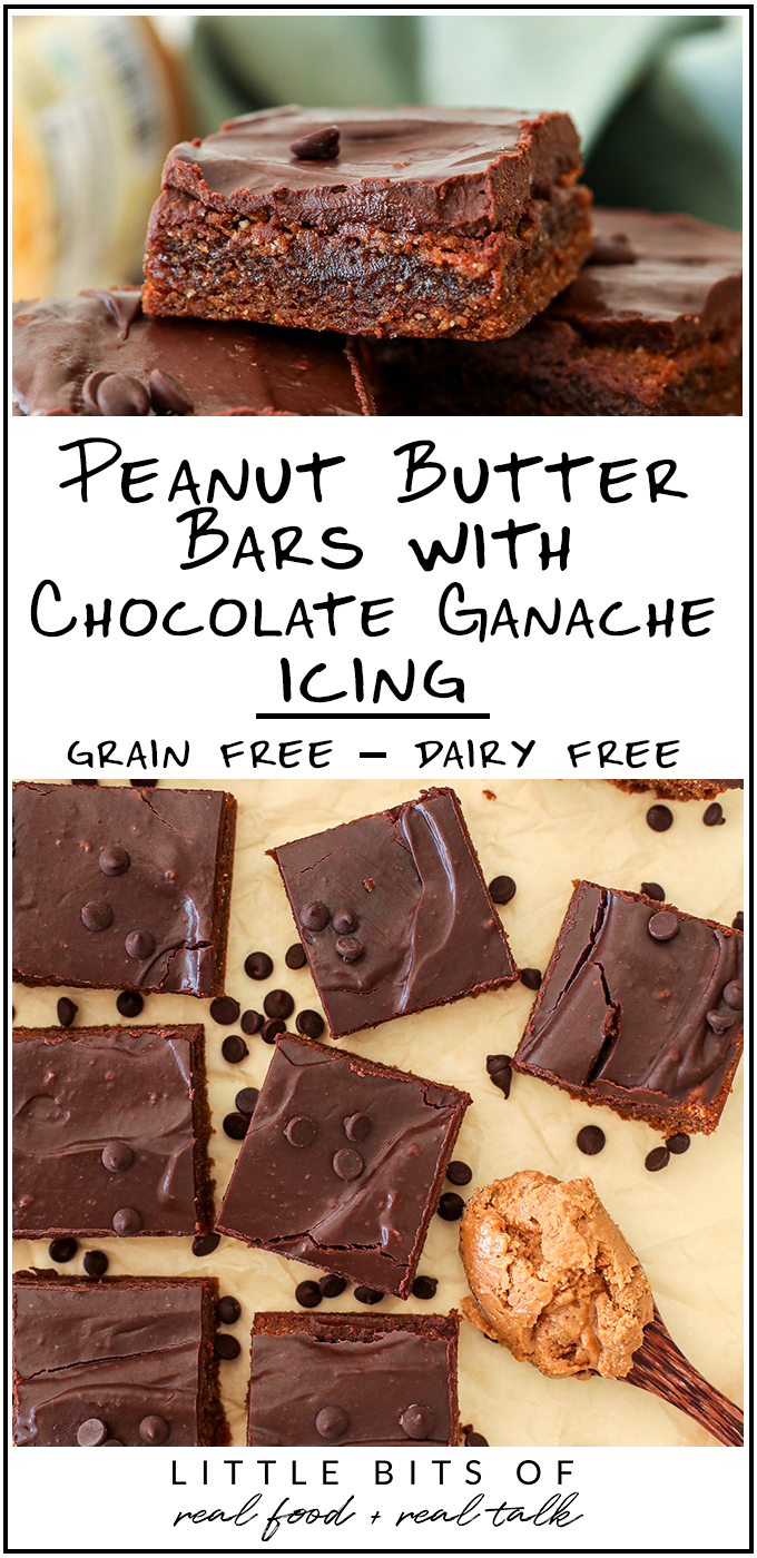 These Peanut Butter Bars with Chocolate Ganache Icing are grain free, dairy free and so easy to make!