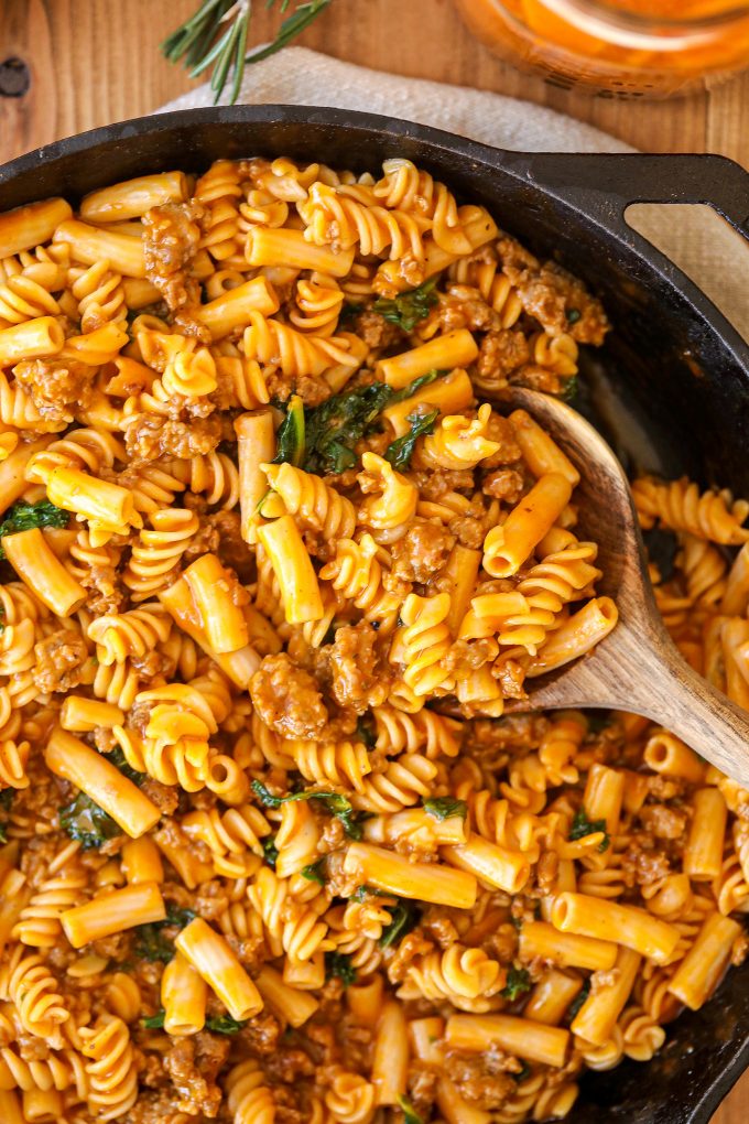 This Harvest Mac & Cheese with Sausage and Kale is so tasty, dairy free, gluten free and perfect for a fall or winter weeknight!