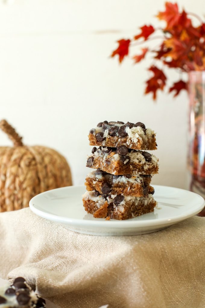 These Pumpkin Spice Magic Bars are dairy free, grain free and super easy to make! 