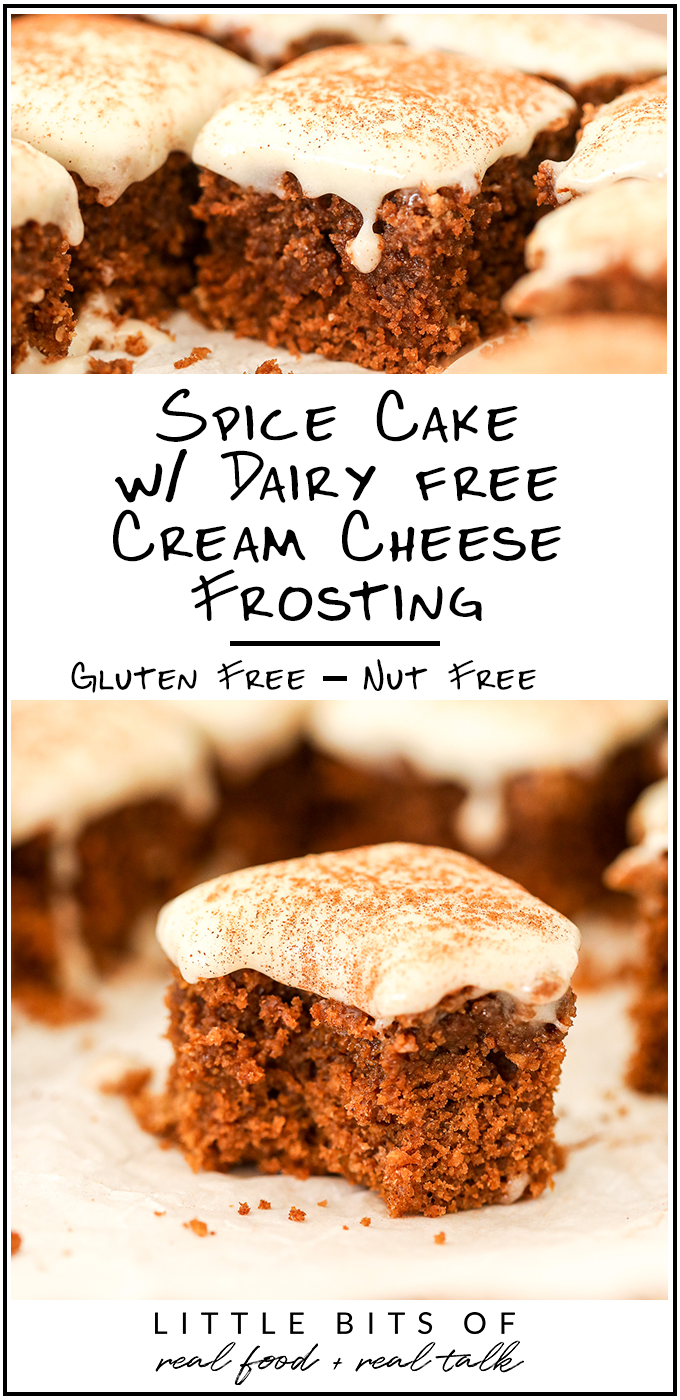This Spice Cake with Dairy Free Cream Cheese Frosting is a gluten free and nut free cake that is perfect for the holiday season!