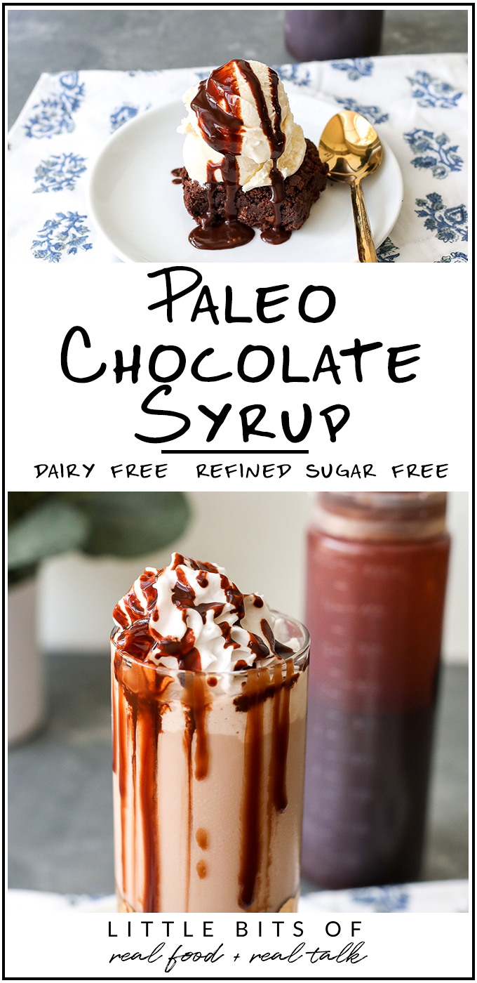 This Paleo Chocolate Syrup is dairy free, refined sugar free and great for chocolate milk, coffee or on ice cream!