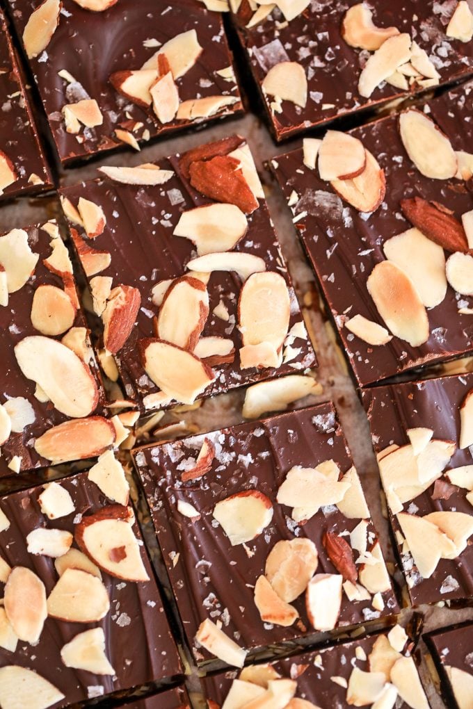 This Paleo Chocolate Almond Toffee is super easy to make and made with coconut sugar and ghee so it is refined sugar free and dairy free!