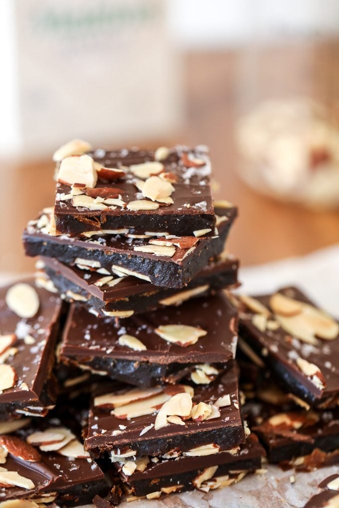 This Paleo Chocolate Almond Toffee is super easy to make and made with coconut sugar and ghee so it is refined sugar free and dairy free!