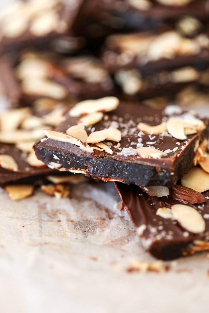 This Paleo Chocolate Almond Toffee is super easy to make and made with coconut sugar and ghee so it is refined sugar free and dairy free!