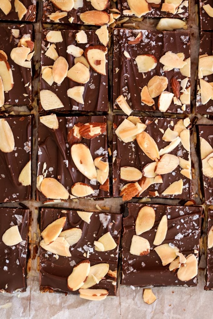 This Paleo Chocolate Almond Toffee is super easy to make and made with coconut sugar and ghee so it is refined sugar free and dairy free!