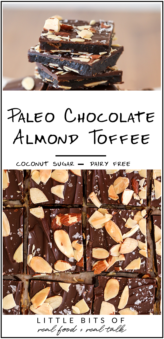 This Paleo Chocolate Almond Toffee is super easy to make and made with coconut sugar and ghee so it is refined sugar free and dairy free!