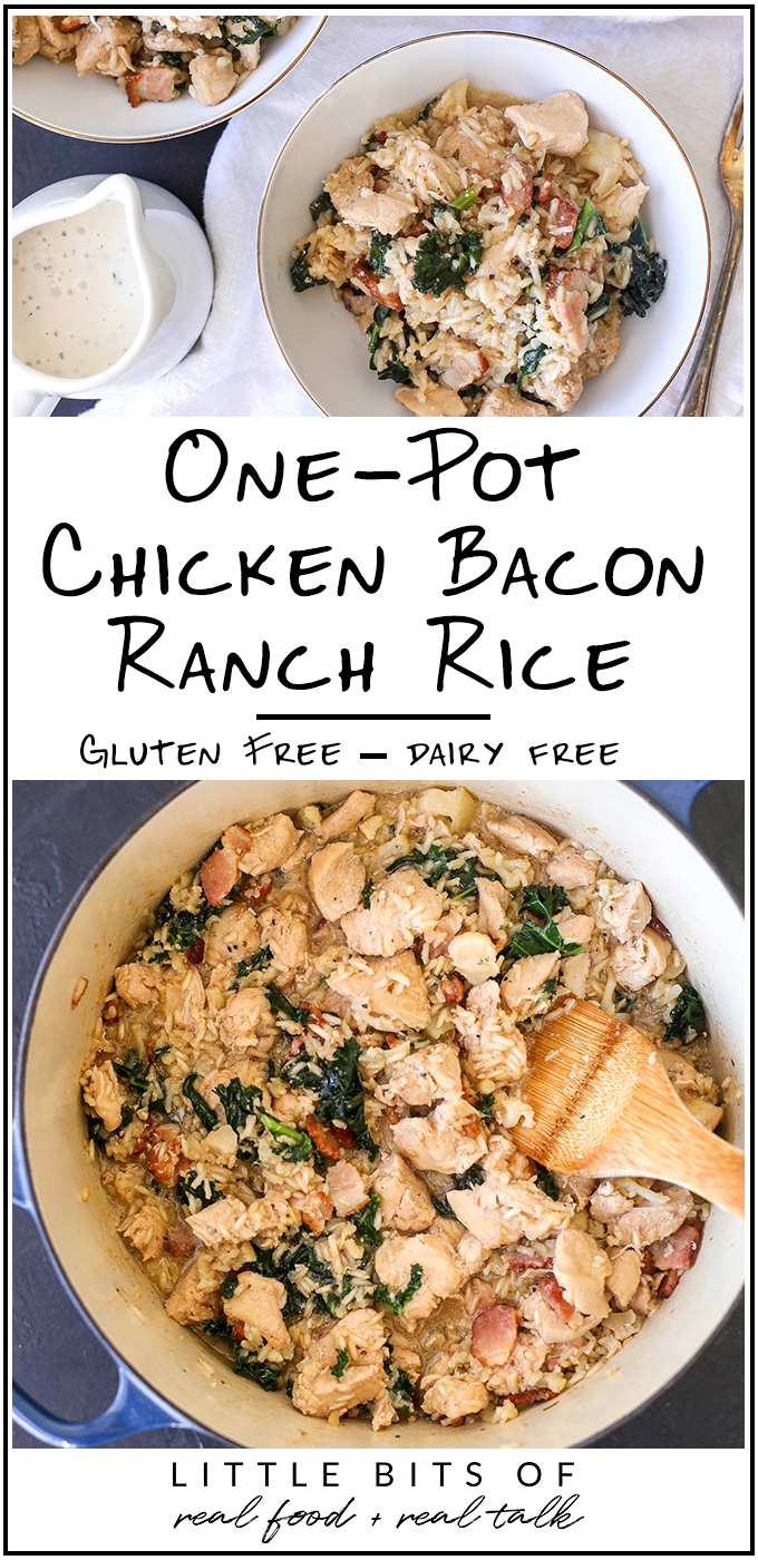 This One-pot Chicken Bacon Ranch Rice is a super easy, gluten free, dairy free recipe that will become a staple in your house!
