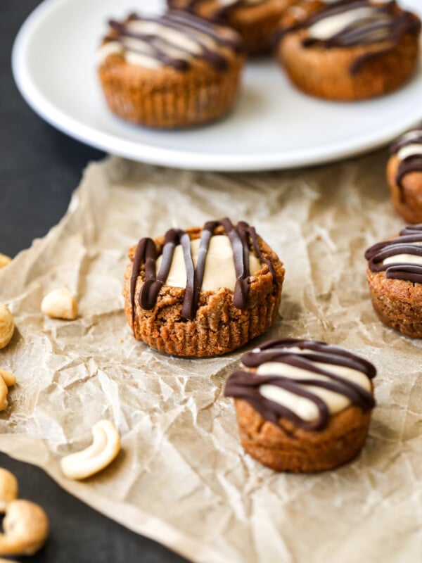 These Peanut Butter Cookie Cashew Cheesecake Cups are the perfect treat to have in your freezer and are gluten free and dairy free!