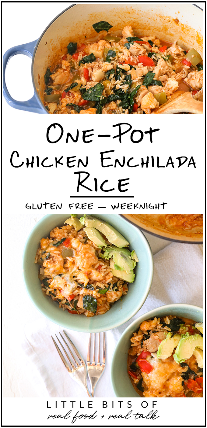 This One-Pot Chicken Enchilada Rice is gluten free and super easy to make on a weeknight. It also has hidden veggies for kiddos!