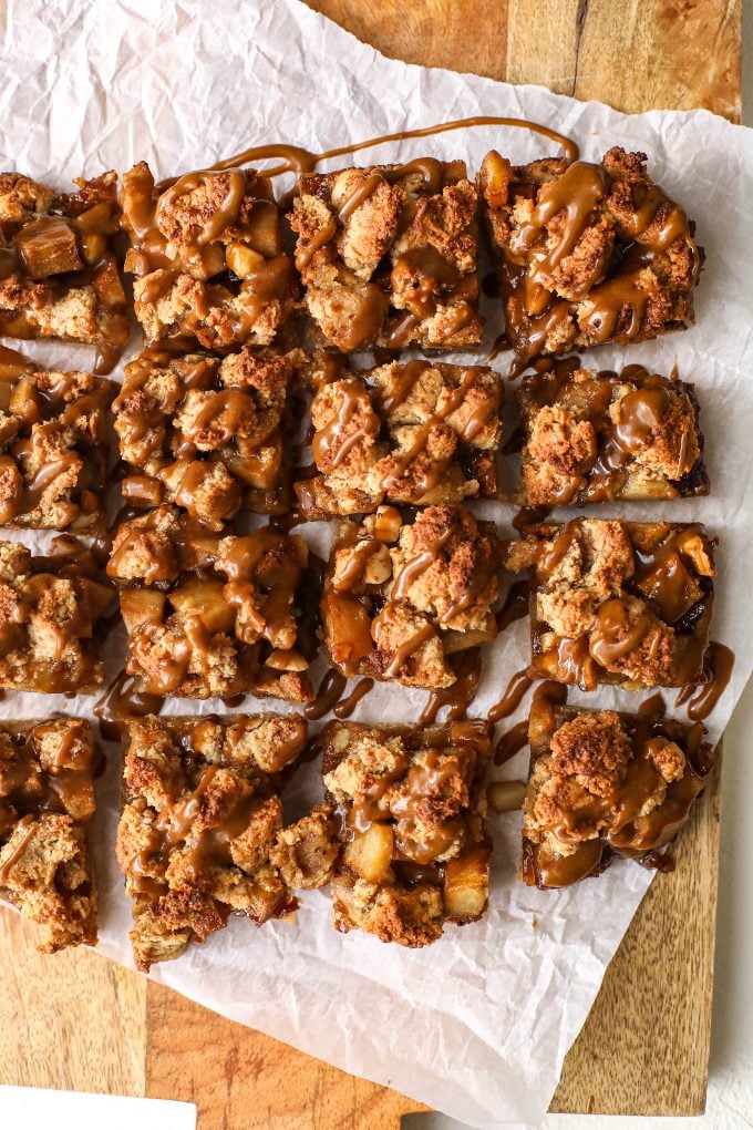 These Pear & Hazelnut Crumb Bars with Salted Caramel Drizzle are grain free, gluten free and a healthy dessert that is delicious!