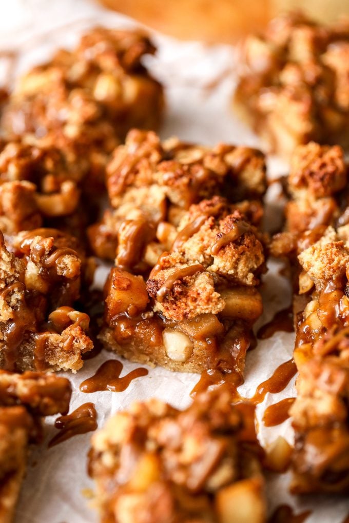 These Pear & Hazelnut Crumb Bars with Salted Caramel Drizzle are grain free, gluten free and a healthy dessert that is delicious!