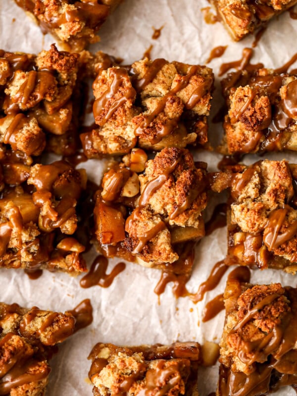 These Pear & Hazelnut Crumb Bars with Salted Caramel Drizzle are grain free, gluten free and a healthy dessert that is delicious!