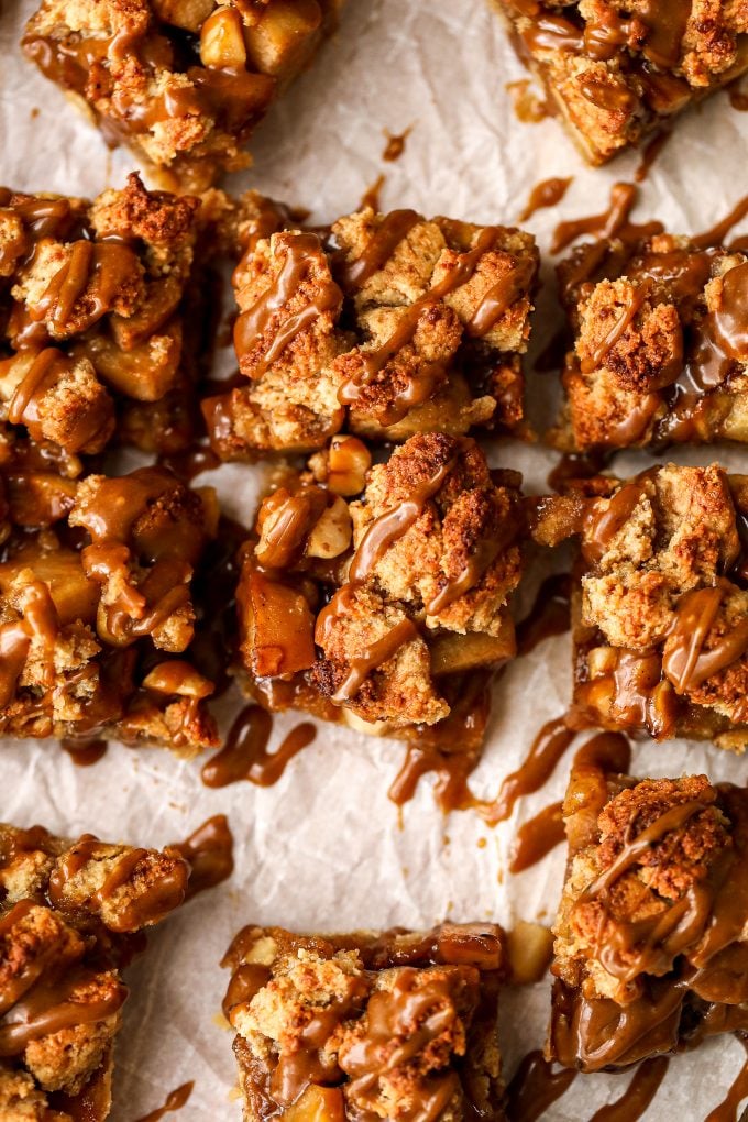 These Pear & Hazelnut Crumb Bars with Salted Caramel Drizzle are grain free, gluten free and a healthy dessert that is delicious!