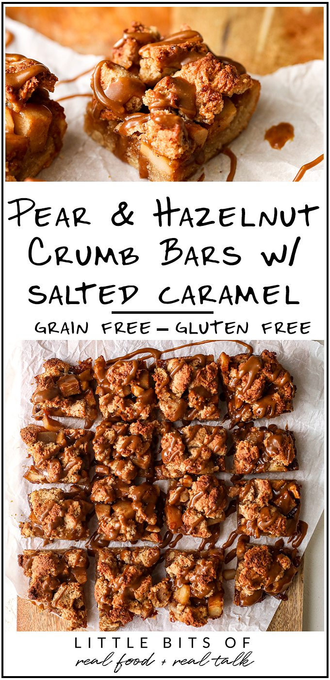 These Pear & Hazelnut Crumb Bars with Salted Caramel Drizzle are grain free, gluten free and a healthy dessert that is delicious!