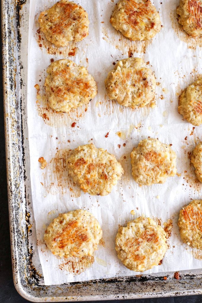 These Chicken Cauliflower Patties are so great to make a batch of for meal prep for the week. You can serve as a burger or chopped up on a salad!