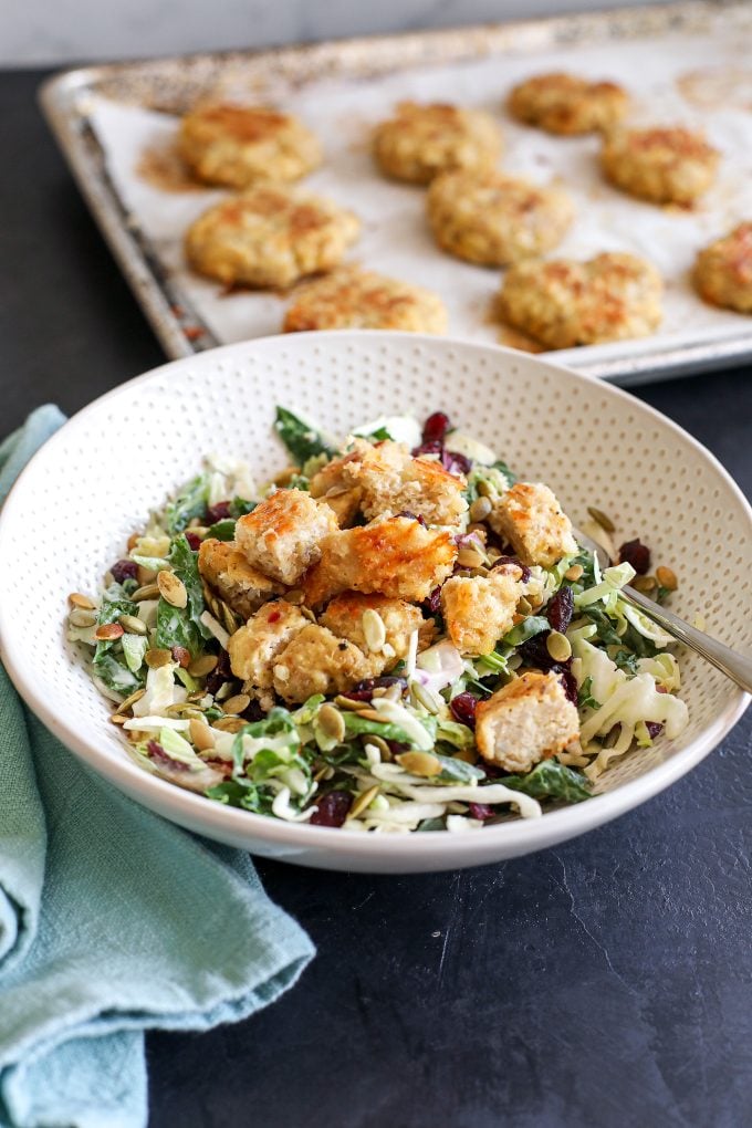 These Chicken Cauliflower Patties are so great to make a batch of for meal prep for the week. You can serve as a burger or chopped up on a salad!