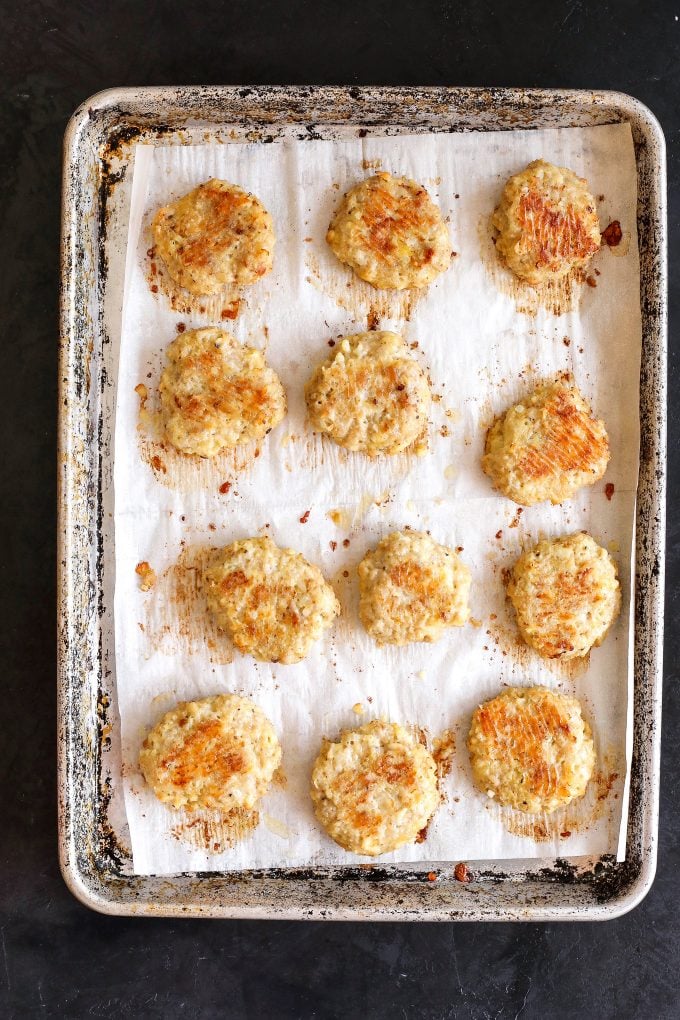 These Chicken Cauliflower Patties are so great to make a batch of for meal prep for the week. You can serve as a burger or chopped up on a salad!