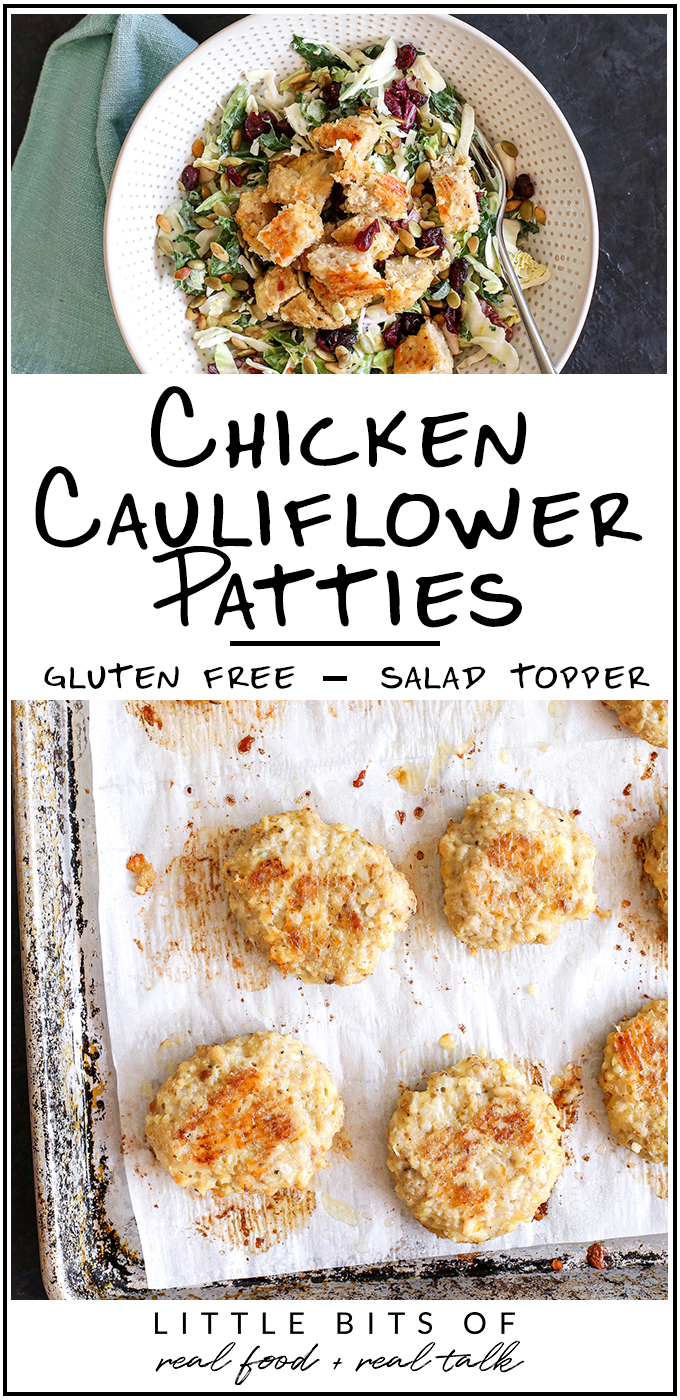 These Chicken Cauliflower Patties are so great to make a batch of for meal prep for the week. You can serve as a burger or chopped up on a salad!