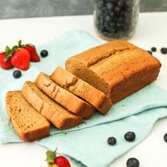 This Vanilla Almond Flour Pound Cake is so easy to make and the perfect gluten free and dairy free base to berries and whipped cream!