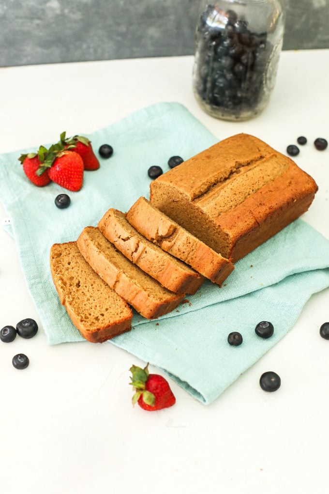 This Vanilla Almond Flour Pound Cake is so easy to make and the perfect gluten free and dairy free base to berries and whipped cream!