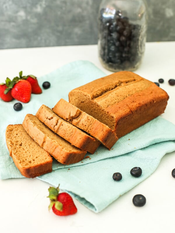 This Vanilla Almond Flour Pound Cake is so easy to make and the perfect gluten free and dairy free base to berries and whipped cream!