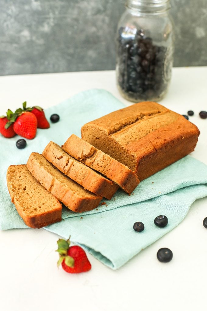 This Vanilla Almond Flour Pound Cake is so easy to make and the perfect gluten free and dairy free base to berries and whipped cream!