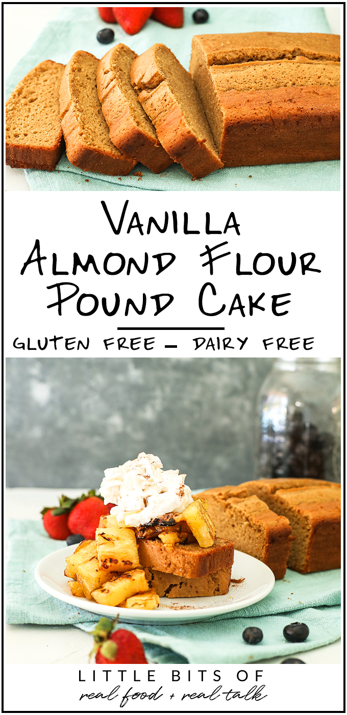 This Vanilla Almond Flour Pound Cake is so easy to make and the perfect gluten free and dairy free base to berries and whipped cream!