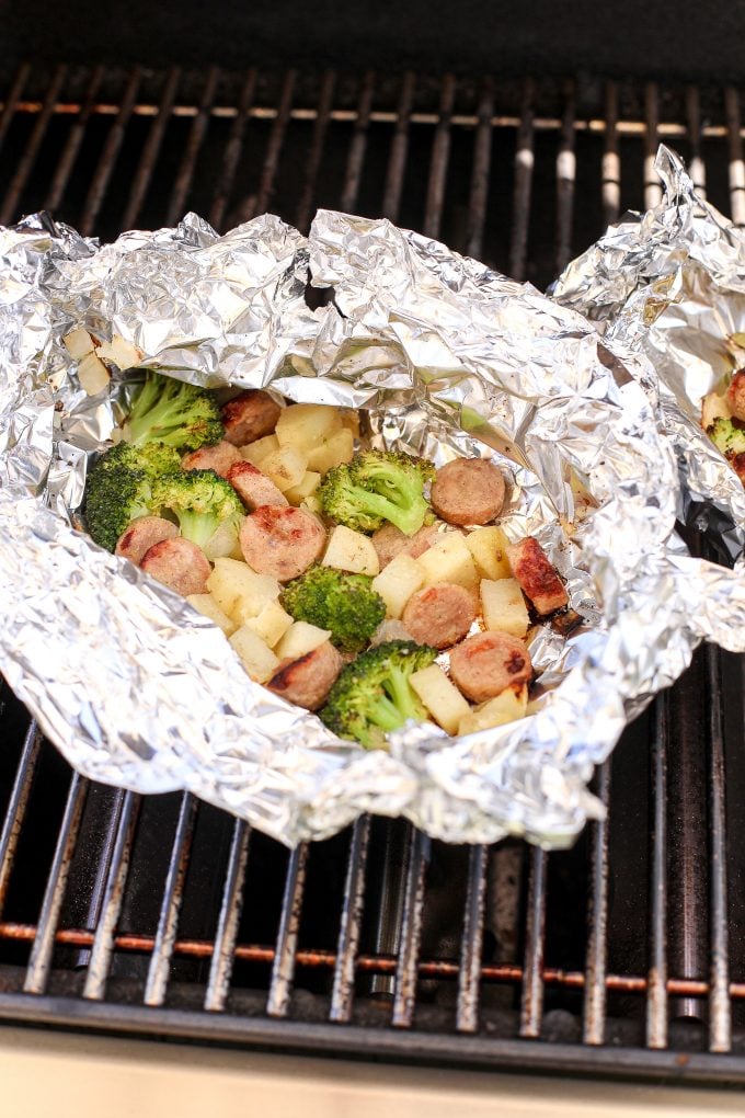 These Chicken Sausage, Potato & Broccoli Foil Packets are perfect for a quick dinner on the grill or while camping!