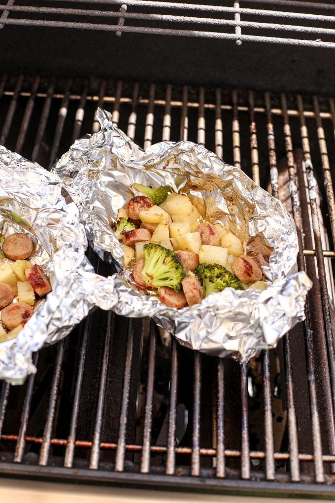 These Chicken Sausage, Potato & Broccoli Foil Packets are perfect for a quick dinner on the grill or while camping!